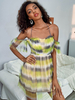 Robes Courtes Femmes Imprimés à Col Carré à Lacets avec Manches Courtes Bas Evasée Bicolores Sexy