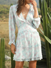 Robes Courtes Femmes Imprimés Les Fleurs à Col V avec Manches Longues avec Volants Coupe Cintrée Bas Evasée Bicolores