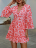 Robes Courtes Femmes Imprimés Les Fleurs à Col V avec Manches Longues avec Volants Coupe Cintrée Bas Evasée Bicolores