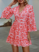 Robes Courtes Femmes Imprimés Les Fleurs à Col V avec Manches Longues avec Volants Coupe Cintrée Bas Evasée Bicolores