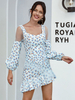 Robes Courtes Femmes Imprimés les Fleurs avec Manches Longues Amples avec Epaules Transparentes Coupe Cintrée Bas Volants Cousu avec Dentelles Bicolores