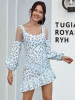 Robes Courtes Femmes Imprimés les Fleurs avec Manches Longues Amples avec Epaules Transparentes Coupe Cintrée Bas Volants Cousu avec Dentelles Bicolores