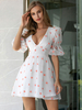 Robes Courtes Femmes Imprimés Les Pois à Col Décolletés en V avec Manches Courtes Amples Coupe Cintrée Bas Evasée Bicolores Sexy