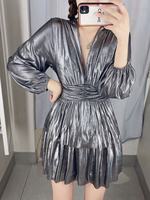 Robes Courtes Femmes Vernis avec Manches Longues Amples à Col V Coupe Cintrée Bas Evasée Unicolore