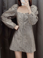 Robes Courtes Femmes Vernis en Paillettes à Col Carré avec Manches Longues Amples Femeture à Zip Unicolore