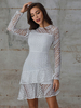 Robes Courtes Moulantes Femmes en Dentelles à Col Rond avec Manches Longues Transparentes en Creusantes Coupe Cintrée Bas Volants Unicolore
