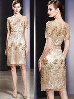 Robes dinvité de mariage manches courtes perlée robe de soirée cocktail longueur au genou mère de la robe de mariée