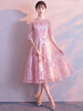 Robes de bal dentelle Robe de Graduation courte Rose Douce Demi Manches Col montant Robe de soirée