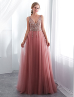 Robes de bal en tulle cameo rose col V pailletes jupe fendue laçage sur dos longueur au sol