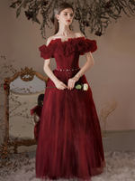 Robes de bal en tulle Robe longue semi-formelle bordeaux à épaules dénudées
