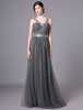 Robes de bal gris longue robe de soirée en tulle avec bretelles brodées