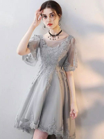 Robes de bal grises robe de cocktail dos nu en dentelle à manches courtes Robe de graduation mignon