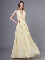 Robes de bal longue jonquille licol v dos nu mousseline de soie longueur de plancher robe de demoiselle dhonneur