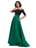 Robes de Bal Longues en Satin avec Dentelle Femmes avec Manches Mi-longues Epaules Dénudées Creusant Floral Coupe Cintrée Bas Evasée Bicolores Robe de Soirée