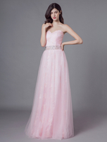Robes de bal longues en tulle rose pâle sans bretelles perles maxi robe de soirée
