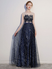 Robes de bal Marine sombre Dentelle strass sans manches longueur plancher 2021 robe de soirée