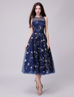 Robes de bal noir marine en dentelle sans manches étoiles de thé longueur robe de soirée de graduation