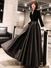 Robes de bal noires longues col en V velours satin patchwork maxi robes formelles robes dinvité de mariage