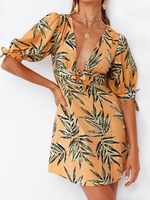 Robes de Bohèmes Courtes Imprimés avec Manches Courtes Amples à Col Décolleté en V avec Manches Courtes Amples Coupe Cintrée Bicolores Robes Sexy Eté