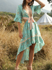Robes de Bohèmes Longues Etés Femmes Imprimés à Col Décolleté en V avec Manches Courtes Volantes Coupe Cintrée à Lacets Bas Volants Bicolores Robes Etés Sexy