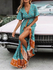 Robes de Bohèmes Longues Femmes Imprimés à Col V avec Manches Courtes Volantes Coupe Cintrée Fente sur Devant Bas Evasée Multicolores Robes Etés Sexy