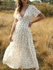 Robes de Bohèmes Longues Imprimés Florales Femmes Etés à Col V avec Manches Courtes Coupe Cintrée Bas Evasée Bicolores Sexy