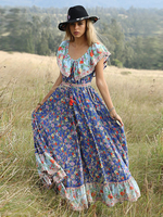 Robes de Bohèmes Longues Imprimés robe fleurie Femmes Etés à Col Rond avec Manches Courtes Volantes à Lacets Coupe Cintrée Elastique Bas Evasée Multicolores Robes Bohos Sexy