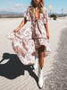 Robes de Bohèmes Mi-longues Imprimés robe fleurie Femmes Etés Sexy à Col Décolleté en V avec Manches Courtes Volantes Coupe Cintrée à Lacets avec Traîne Multicolores Robes de Boho Sexy