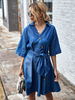 Robes de Chemisiers Courtes Femmes à Col Revers avec Manches Mi-longues Coupe Cintrée à Lacets Fermeture avec Boutons Bas Evasée Unicolore