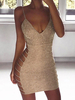 Robes de Club Moulantes en Paillettes Femmes à Col Décolleté en V sans Manches Coupe Cintrée Fente Latérale à Lacets Unicolore Sexy