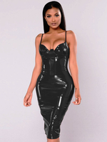 Robes de Club Moulantes Femmes à Cuir Synthétique Vernis à Col Décolleté en V sans Manches Coupe Cintrée Unicolore Sexy