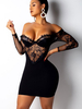 Robes de Clubs en Dentelles Moulantes Femmes à Col Décolleté en V avec Manches Longues Coupe Cintrée avec Dos Nu avec Epaules Nues Unicolore Sexy