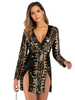 Robes de Clubs Femmes Courtes en Paillettes avec Bretelles avec Paillettes Moulantes Imprimés à Col Décolleté en V avec Manches Longues Coupe Cintrée Fente Latérale Bicolores Sexy