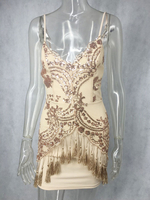 Robes de Clubs Femmes Courtes Femmes en Mousselines Imprimés avec Paillettes à Col V avec Bretelles Décors avec Franges Unicolore Sexy