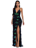 Robes de Clubs Femmes en Paillette Moulante Femmes Longue à Col Décolleté en V sans Manches Coupe Cintrée Fente Latérale Bicolores Sexy