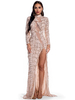 Robes de Clubs Femmes en Paillette Moulante Femmes Longue à Col Montant Transparente sur Devant avec Manches Longues Coupe Cintrée Fente Latérale avec Franges Unicolore Sexy