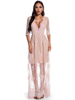 Robes de Clubs Femmes en Paillette Moulante Imprimés Creusante Florale Femmes Longue à Col Décolleté en V avec Manches Mi-longues Coupe Cintrée Bas Transparent Unicolore Sexy
