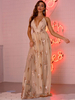 Robes de Clubs Femmes Longues en Mousselines avec Paillettes Imprimés avec Bretelles à Col Décolleté en V avec Dos Nu à Lacets Croisés Fente Latérale Bicolores Sexy