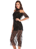 Robes de Clubs Femmes Longues en Paillettes avec Bretelles avec Franges Transparentes avec Manches Mi-longues à Col Rond Coupe Cintrée Unicolore Sexy