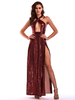 Robes de Clubs Femmes Longues en Paillettes avec Bretelles Imprimés Ouvert sur Devant avec Dos Nu Fente Latérale Coupe Cintrée Unicolore Sexy