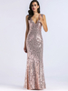 Robes de Clubs Femmes Longues en Paillettes avec Bretelles Moulantes à Col Décolleté en V avec Dos Nu Coupe Cintrée Unicolore Sexy