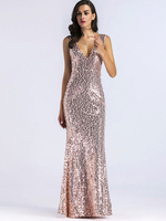 Robes de Clubs Femmes Longues en Paillettes avec Bretelles Moulantes à Col Décolleté en V avec Dos Nu Coupe Cintrée Unicolore Sexy
