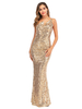 Robes de Clubs Femmes Longues en Paillettes avec Bretelles Sirène Moulantes avec Epaules Nues avec Dos Nu à Lacets Coupe Cintrée Unicolore Sexy