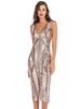Robes de Clubs Femmes Mi-Longues en Paillettes avec Bretelles Moulantes Imprimés à Zip à Col Décolleté en V Coupe Cintrée Bicolores Sexy
