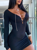 Robes de Clubs Femmes Moulantes Courtes avec Manches Longues à Col Décolleté en V à Lacets Coupe Cintrée Unicolore Sexy