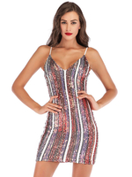Robes de Clubs Femmes Moulantes Courtes en Paillettes avec Bretelles à Col Décolleté en V Coupe Cintrée Imprimés les Rayures Bicolores Sexy