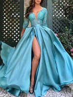 Robes de Clubs Longues Femmes en Paillettes avec Manches Mi-longues Coupe Cintrée à Col V Fente Latérale Unicolore Robes de Soirées Longues