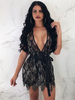 Robes de Clubs Moulantes Courtes en Paillettes avec Franges Transparentes avec Bretelles à Col Décolleté en V avec Dos Nu à Lacets Coupe Cintrée Unicolore Sexy