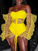 Robes de Clubs Moulantes Femmes en Dentelles avec Epaules Nues avec Manches Longues avec Volantes Transparentes Coupe Cintrée à Lacets Unicolore Sexy