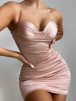 Robes de Clubs Moulantes Femmes en Soie Synthétique avec Bretelles à Col Décolleté en V sans Manches Coupe Cintrée Unicolore Sexy